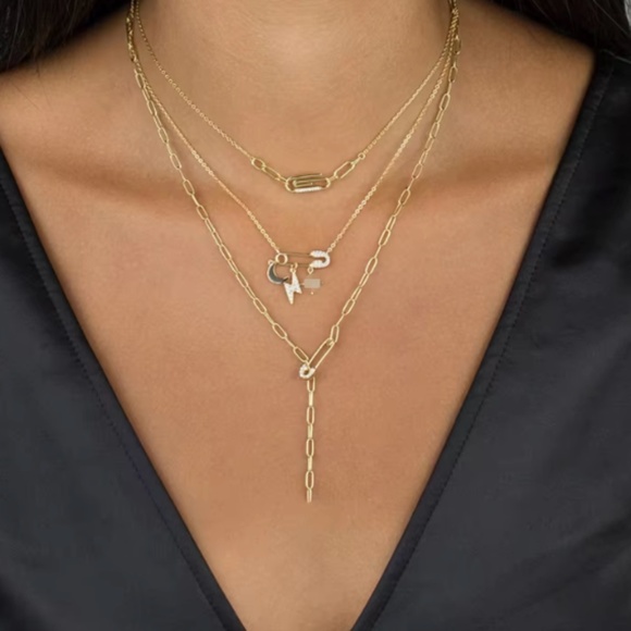 18k Gold Plated Cubic Zirconia Safety Pin Moon Necklace - Picture 2 of 2